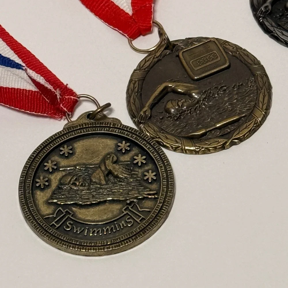 Lot‎ of 8 Swimming Competition Medals Gold Silver Bronze Red White Blue Ribbons